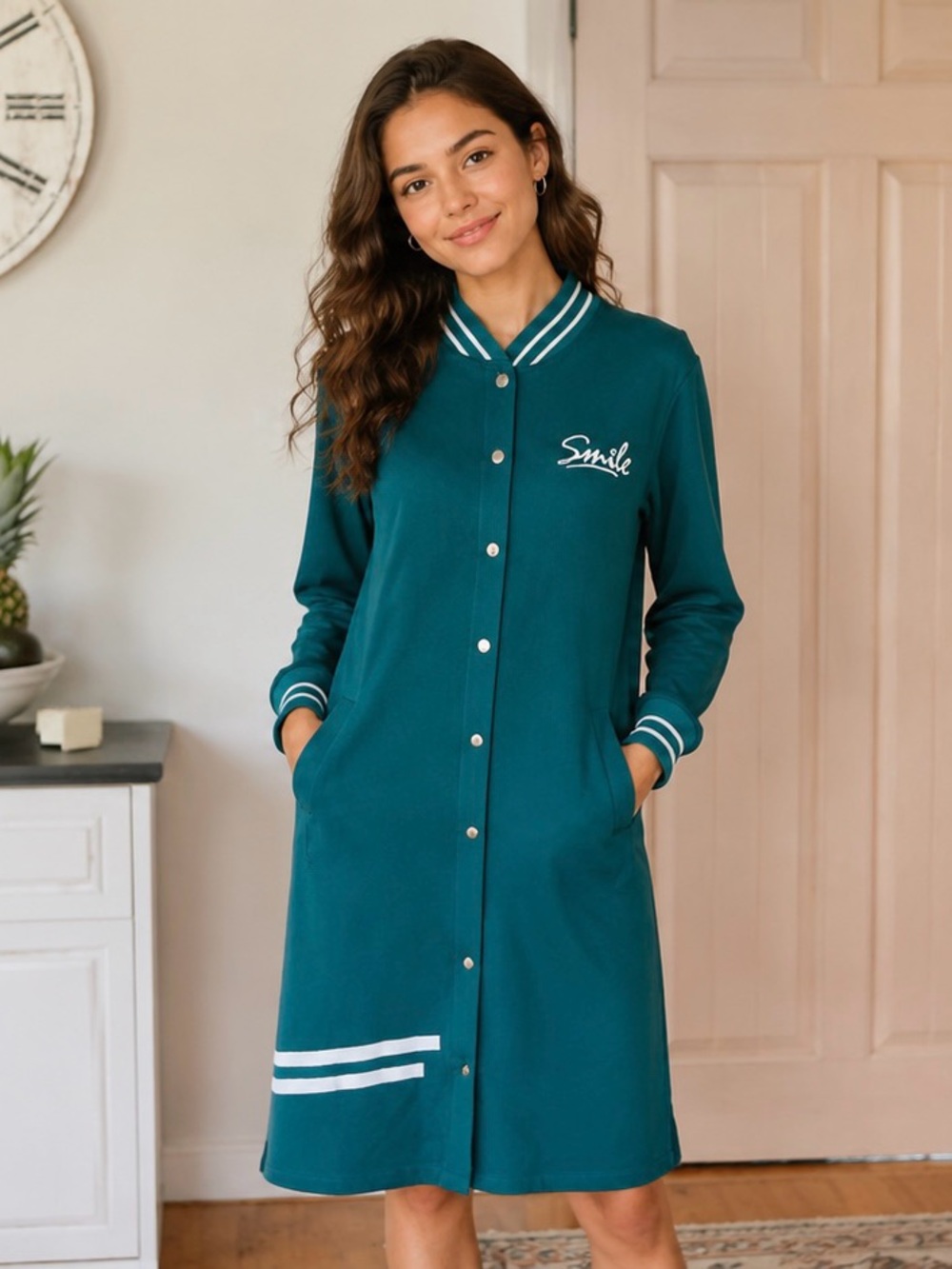 Women's Teal Snap-Front Longline Jacket - Smile